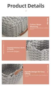 Detail of grey woven cotton rope storage basket with brown faux leather handle