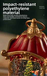 Detailed macro view of vintage Christmas music box with red and gold embossed textures