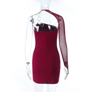 Detail view of burgundy one-shoulder dress with metal ring and sheer mesh sleeve