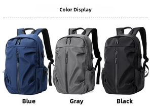 Tre opzioni di colore per zaini impermeabili in blu, grigio e nero per uomo e ufficio