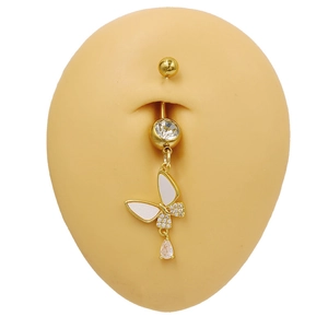 Goldener Bauchnabelpiercing mit Schmetterling, Herz-Anhänger und Zirkon-Einlage