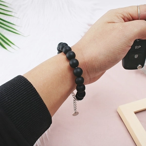 Matte black beaded bracelet with silver metal chain for men and women