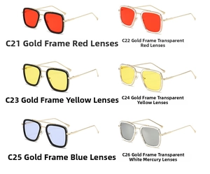 Collection of pilot sunglasses with gold metal frames and various colored lenses in 2x3 grid
