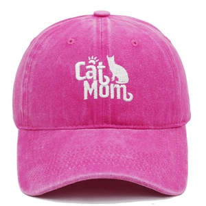 Detail of pink washed cotton baseball cap with white Cat Mom embroidery and cat silhouette