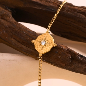 18K gold plated stainless steel octagram star bracelet with hammered texture and crystal