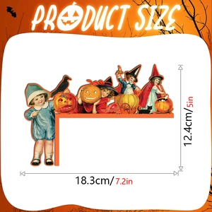 Detailed size specifications for a retro wooden Halloween door corner sign with vintage kids