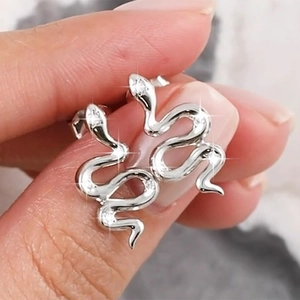 S925 sterling silver snake earrings with white cubic zirconia for women