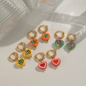Boucles d'Oreilles Créoles en Acier Inoxydable Cœur en Émail Fleurs Style Peinture à l'Huile Vintage Bijoux Femme