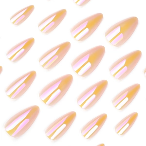 Uñas postizas de almendra premium con un acabado aurora iridiscente brillante y elegante.