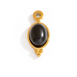 Macro detail of golden sunflower pendant with oval black stone and decorative beads