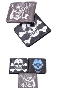 Detail showing vintage skull prints and white stitching on men's bifold wallets