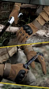 Tactical gloves shown in outdoor camping scenario using tools with knuckle protection