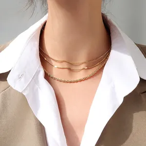 Three-layer 18K gold plated titanium steel necklace set with snake and twist chain