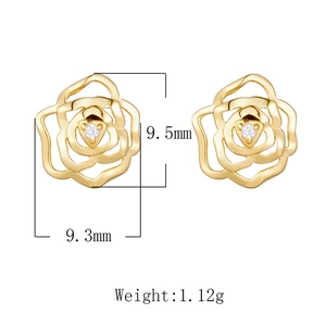 Detailed view of hollow rose silver studs in gold finish with size and weight specs