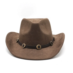 Classic brown western cowboy felt hat with vintage metal buckle band on white background