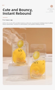 Detailed view of lemon-shaped yellow makeup sponges in transparent plastic packaging boxes
