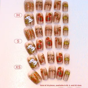 Detail view of cat eye press-on nails set with festive dragon and persimmon motifs