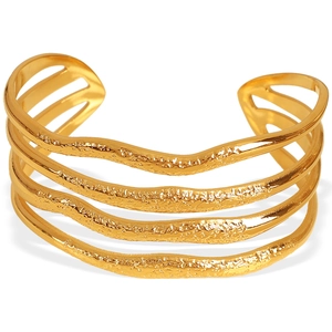 Polished gold plated layered wave shape stainless steel open bangle for women