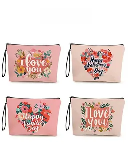 Detailed grid view of four Valentine's Day canvas makeup bags with floral patterns