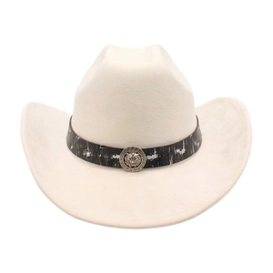 Detail of western cowboy hat featuring a silver lion head emblem on a black band