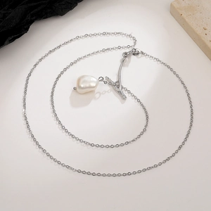 Twig style baroque freshwater pearl necklace with silver T-bar toggle clasp for women