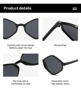 Detail view of the black irregular sunglasses with robust hinges and comfortable nose pads
