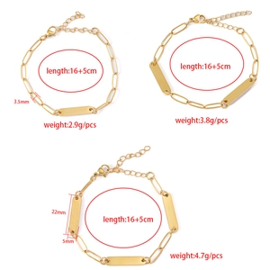 Detailed specs of gold paperclip link bracelets with engravable bars and size dimensions