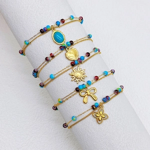 French Vintage Stainless Steel Beaded Bracelet For Women Bohemian Double Layered Bracelet Heart Bow Sun Charm Jewelry