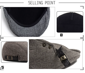 Detailed views of wool flat cap showing inner lining and adjustable side buckle