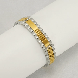 Two-tone silver and 18K gold plated stainless steel watch link bracelet for men