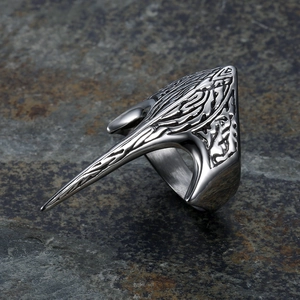 Vintage silver Viking crow beak ring in punk gothic style with antique metal finish