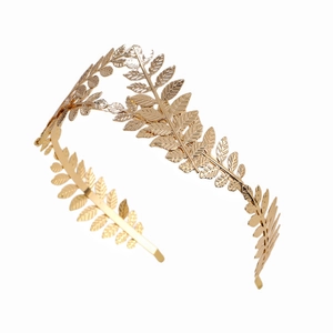 Golden vintage leaf headband crown hair accessory on white background for women