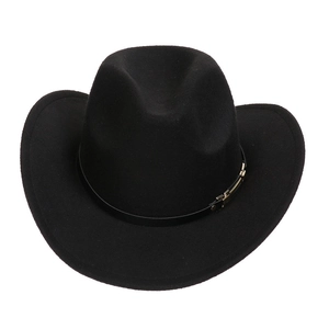 Detailed close-up of a black felt cowboy hat featuring a leather band and gold buckle