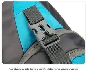 Close-up of durable plastic buckle and tear-resistant nylon strap on sports chest bag