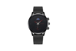 Macro view of black Milanese mesh strap and dual-dial quartz watch with red hands