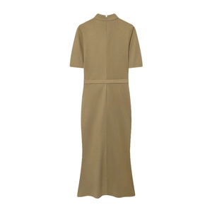 Detail view of khaki olive dress with high neck and invisible back zipper closure