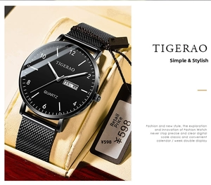 Detail of a TIGERAO quartz watch with a black Milanese mesh strap and dual calendar display