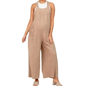 Thick winter maternity wide-leg pants in khaki wool-blend with adjustable belly support