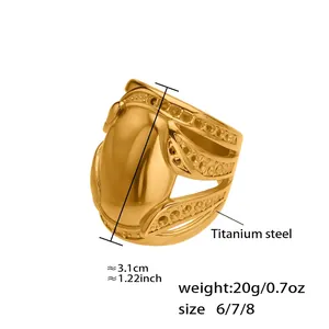 Detail of chunky gold titanium steel ring showing 31mm height and cutout side dots