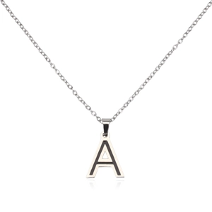 Detail of silver stainless steel cross chain with minimalist letter A pendant and black enamel