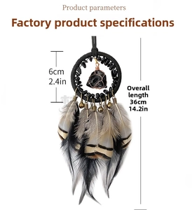 Detailed size parameters of the handmade dreamcatcher with black stones and feathers