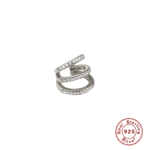 Three-layer S925 sterling silver ear cuff with white zircon stones in punk style