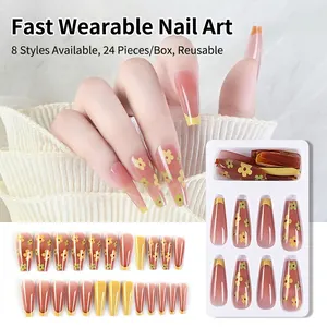 French floral press-on nails in long coffin shape featuring 24 pieces in warm pink and yellow