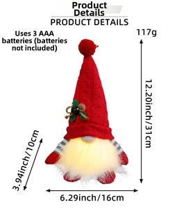 Detailed dimensions of a light-up Christmas gnome with red knitted hat and pine cone