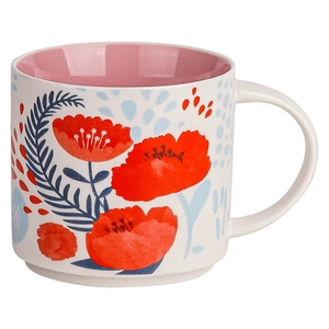 Nordic ceramic mug with elegant floral pattern and pink interior for home and office