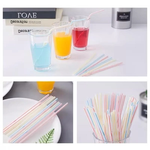 Flexible colorful striped straws for juices and beverages shown in lifestyle settings
