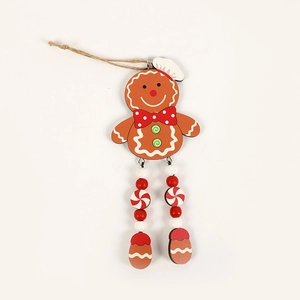 Christmas wooden gingerbread man ornament with long legs and colorful beads hanging loop
