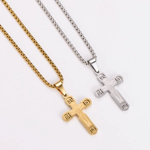 Minimalist stainless steel cross pendant necklaces in gold and silver with box chains