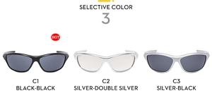 Close-up of three Y2K sporty wraparound sunglasses in black and silver metallic frames