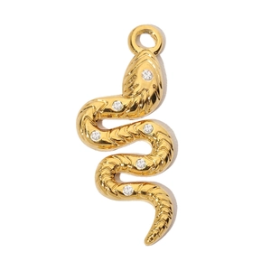 Detailed view of a gold snake pendant with six white crystals for DIY jewelry making